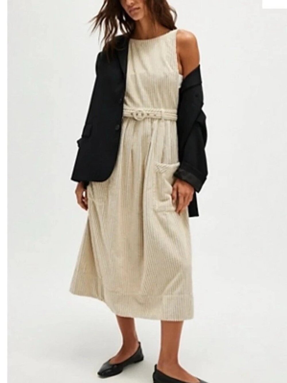 Free People The Other Side Corduroy Midi Dress Size 6 Cream Open Back